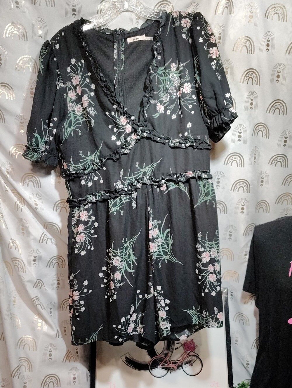 miami Black Floral Ruffle Romper with Pink & Green Print